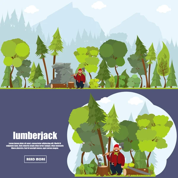 Paisaje forestal con leñador — Vector de stock