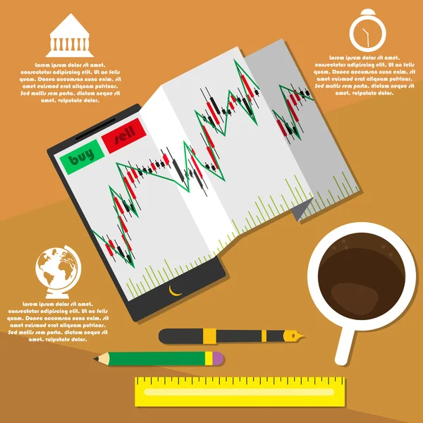 Trading mobile. commerciante sul posto di lavoro . — Vettoriale Stock