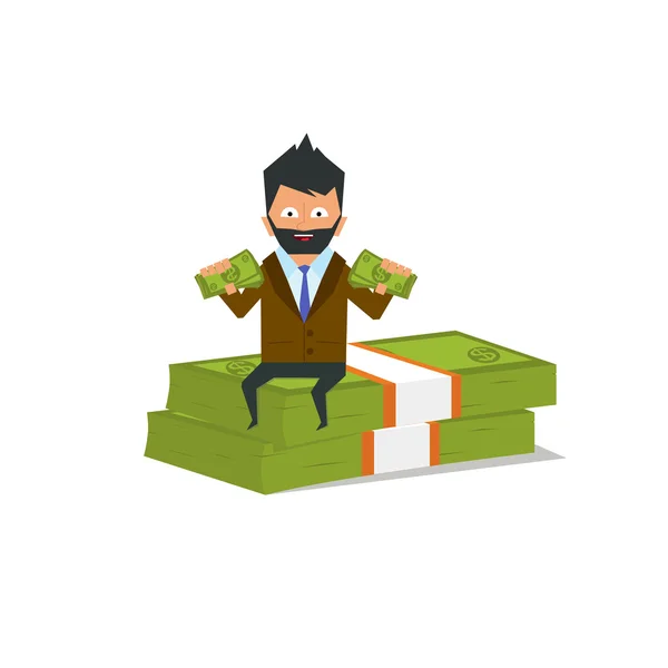 Happy businessman sitting on a pile of dollars. — Stock Vector