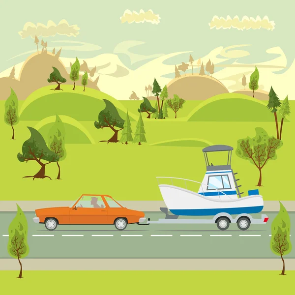 Journey through the beautiful countryside by car. — Stock Vector