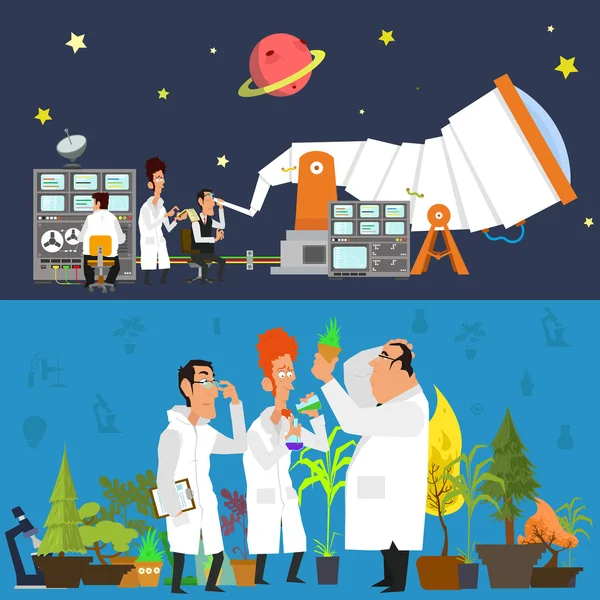 Astrónomos estudian el cielo, botánicos - plantas — Vector de stock