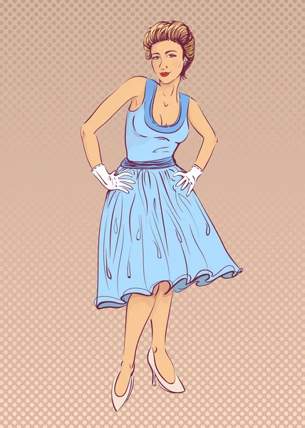 Señora en vestido azul en estilo retro . — Vector de stock