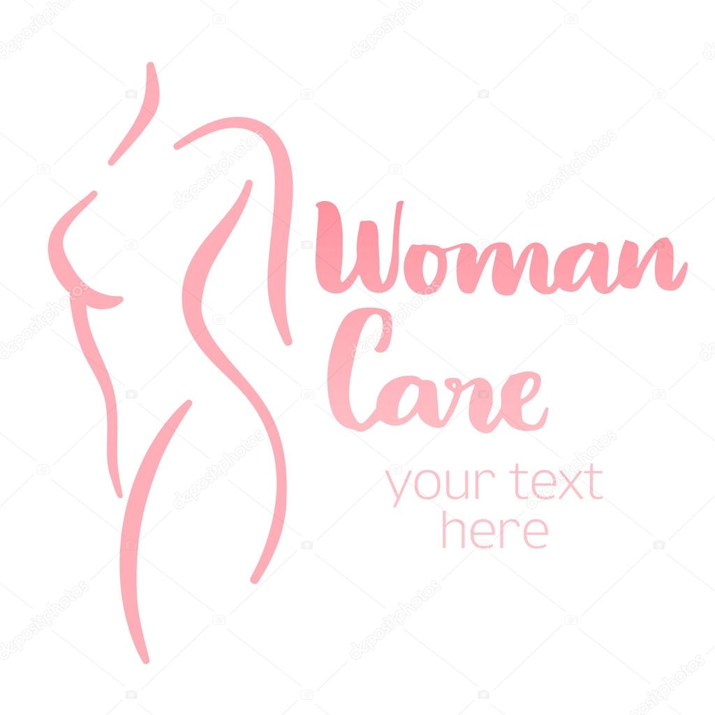 Woman body care silhouette. Isolated hand-drawn illustration with brush lettering text - Woman care. Good for web and print projects.