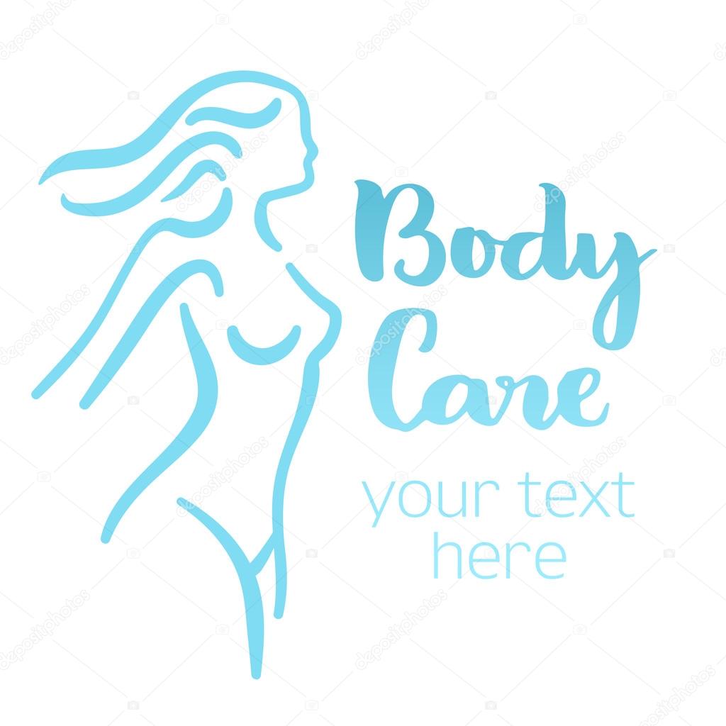 Woman body silhouette. Isolated hand-drawn illustration with brush lettering text - Body care. Good for web and print projects.
