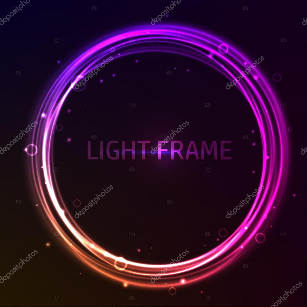 Colorful glowing vector frame. Purple, pink and orange shining circles. Brilliant particles and bokeh effect.