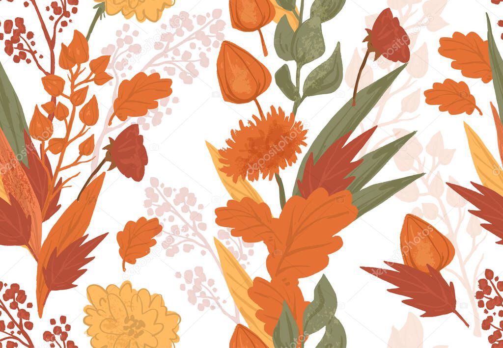 Colorful autumn seamless pattern in cute cartoon style. Warm atmosphere botany elements on white backgound