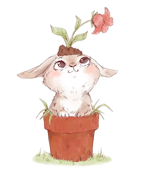 Roztomilý legrační ilustrace králíka v květináči — Stock fotografie