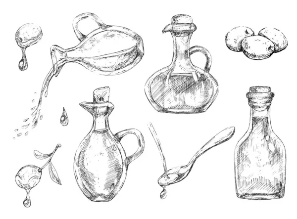 Grande conjunto de diferentes garrafas de óleo de vidro com azeitonas — Vetor de Stock