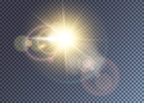 Сияющее золотистое векторное солнце с бликом объектива — стоковый вектор