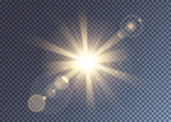 Glimmering vector sun with lens flare and rays — стоковый вектор