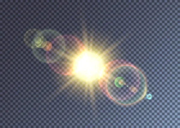 Brillant soleil vecteur doré avec éclat de lentille — Image vectorielle
