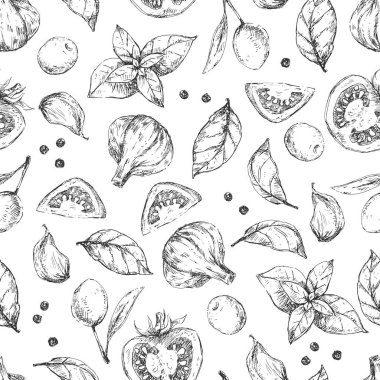 Baharatlar ve bitkiler kusursuz desenli vektör tasarımı. Domates, fesleğen, sarımsak. Zeytinler elle çizilmiş çizimler
