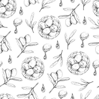 Zeytinyağı ve meyve tasarımı grafik elementler. Beyaz arkaplanda pürüzsüz desen.