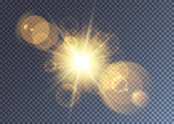Złote Słońce Wektorowe Dużą Ilością Efektu Flary Obiektywu Magiczne Przebłyski — Wektor stockowy