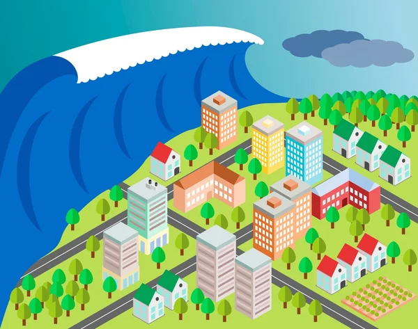 Tsunami bedekking stad — Stockvector