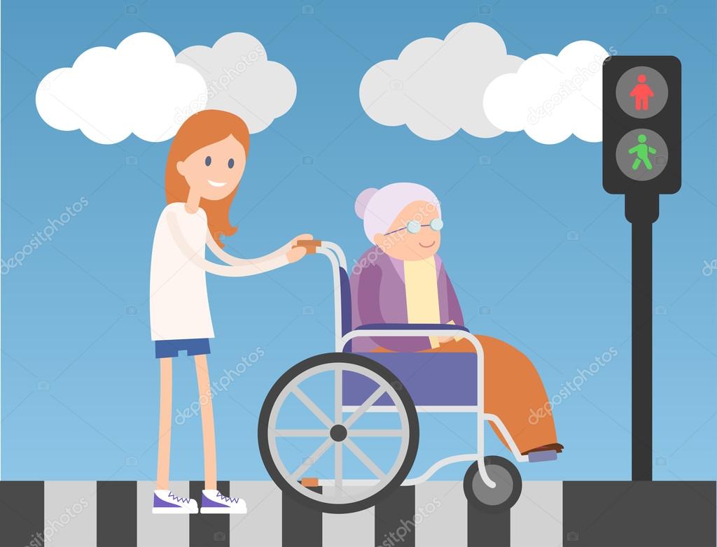 Kind girl helps old lady on wheelchair.