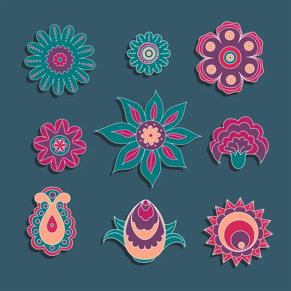 Colorful ornament elements set of flowers and bud.