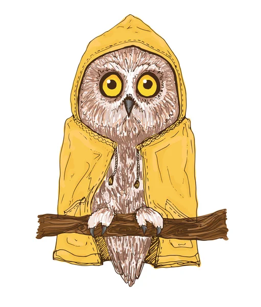 Colorful brown owl in bright yellow raincoat. — ストックベクタ