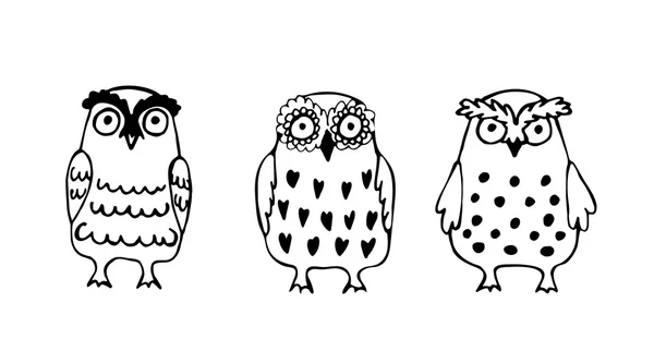 Set of three funny sketch owls. — Stock Vector