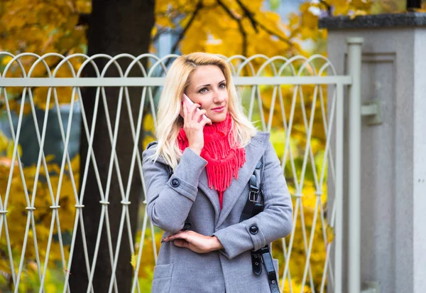 Güzel sonbahar park telefonunu kullanan genç kadın.