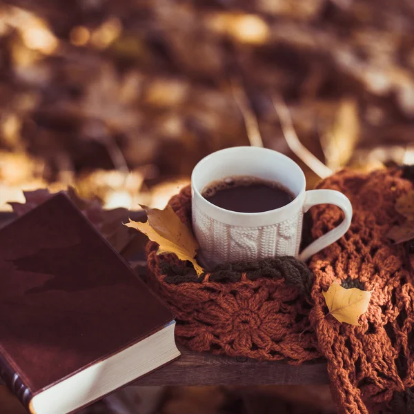 Горячий кофе и красная книга с осенними листьями на древесном фоне - концепция релакса Лицензионные Стоковые Фото