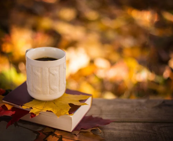 Heißer Kaffee und rotes Buch mit Herbstblättern auf Holz-Hintergrund — Stockfoto