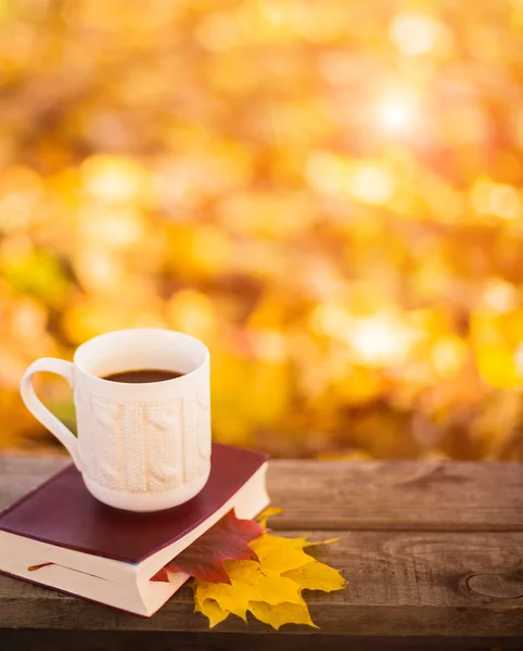 Hete koffie en rode boek met najaar bladeren op hout achtergrond — Stockfoto