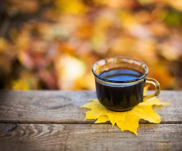 Hot coffee and red book with autumn leaves on wood background — Stock Photo, Image