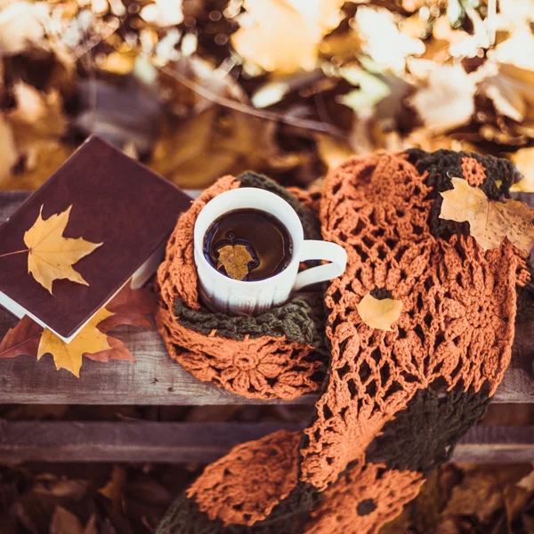 Café quente e livro vermelho com folhas de outono no fundo de madeira — Fotografia de Stock