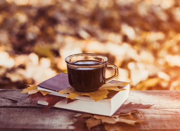 Hete koffie en rode boek met najaar bladeren op hout achtergrond — Stockfoto