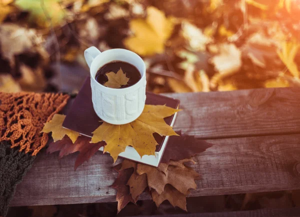 Hot coffee and red book with autumn leaves on wood background — Stock Photo, Image