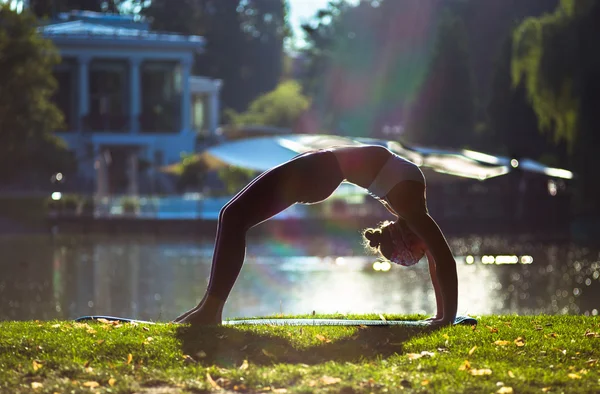 Sabah parkında yoga yapan genç bir kadın.