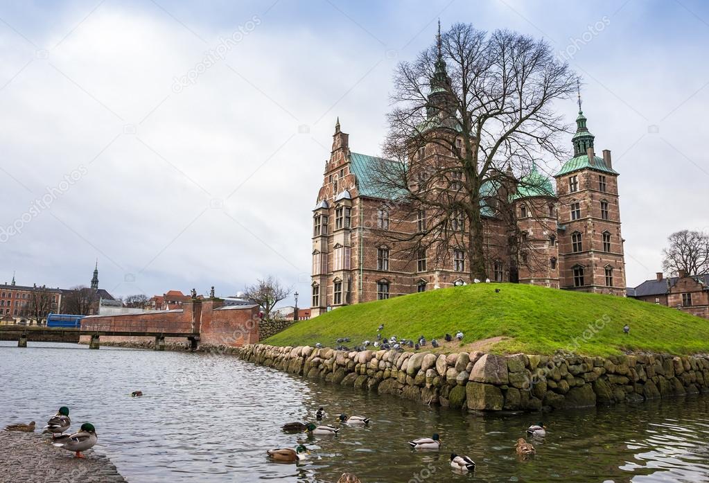 Lake with ducks near Rosenborg Castle in Copenhagen, Denmark
