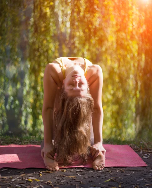 Wanita muda melakukan yoga di pagi hari di taman musim gugur — Stok Foto