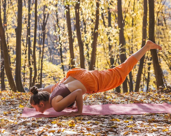 Wanita muda melakukan yoga di pagi hari di taman musim gugur — Stok Foto