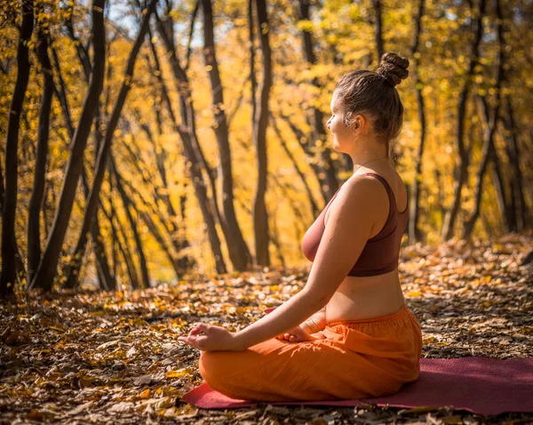 Genç kadın sabah sonbahar Park yoga yaparken — Stok fotoğraf