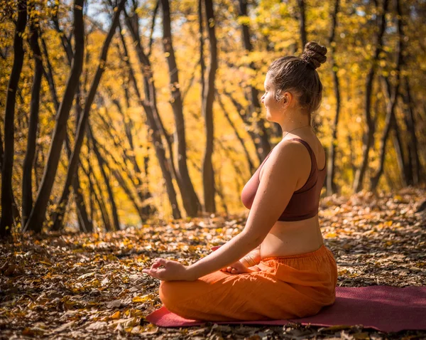 Young woman doing yoga in morning autumn park — Stock Photo, Image