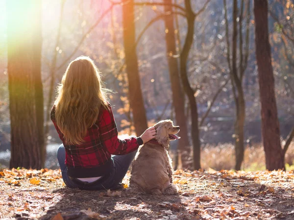 若い美しい女性と彼女の犬 (アメリカン ・ コッカー ・ スパニエル) 外でポーズ立ち下がり時間 — ストック写真