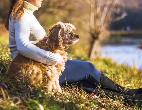 Joven hermosa mujer y su perro (American Cocker Spaniel) posando fuera en el otoño — Foto de Stock