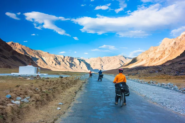 Giovane ciclista in piedi sulla strada di montagna. Himalaya, Stato del Jammu e del Kashmir, India settentrionale — Foto Stock