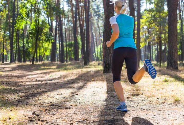 Képzés, erdei úton, gyönyörű természeti környezetben futó nő. — Stock Fotó