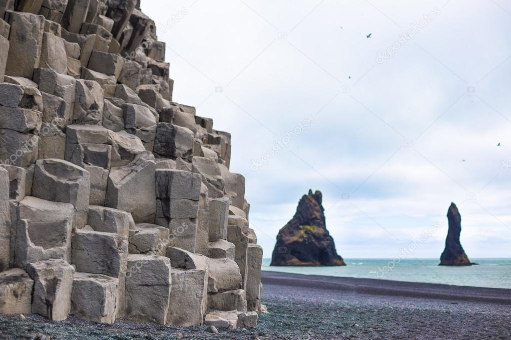 Wide view of Reynisfjara rock formations, Halsanefhellir, Iceland