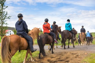 Group of horseback riders ride in Iceland clipart