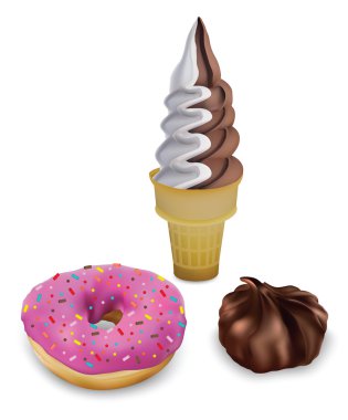 Beyaz bir arka plan, çörek, dondurma ve marshmallow tatlılar