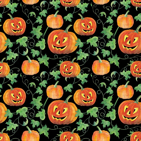 Seamless background with bright halloween pumpkins and green leaves — Stock Photo, Image