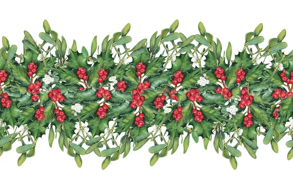 Varrat nélküli határ zöld karácsonyi fagyöngy és holly ágak — Stock Fotó