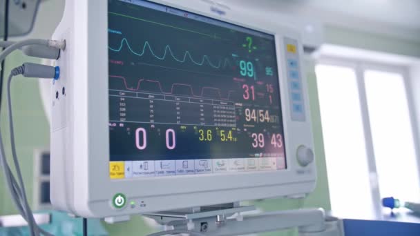 Kirurgisk anestesi maskin i operationssalen visar indikatorer på liv och puls — Stockvideo