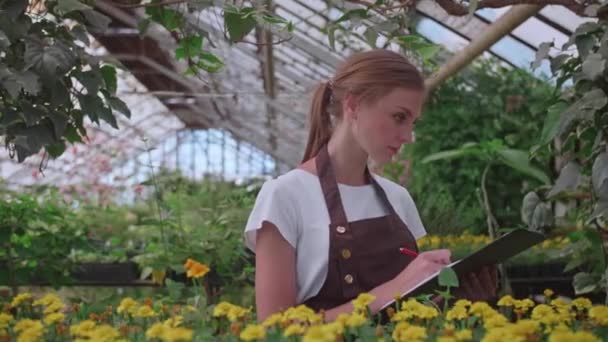 Девушка-инспектор в фартуке проверяет и считает цветы в оранжерее, хранит их записи — стоковое видео