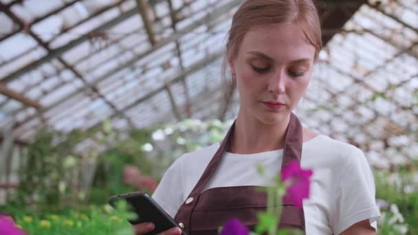 Una jovencita. invernadero trabajador con flores, toma fotos para el sitio o productos de blog — Vídeo de stock