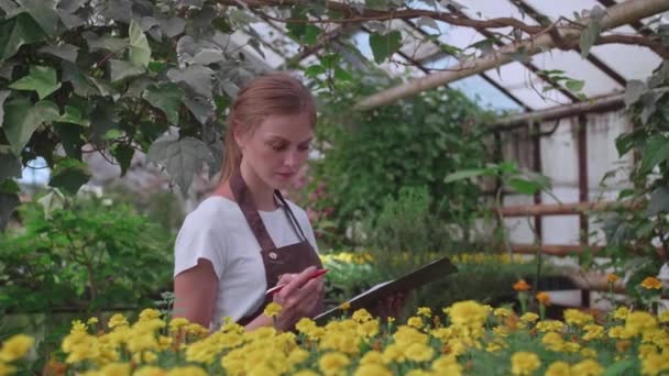 Дівчина-інспектор в фартусі перевіряє і рахує квіти в теплиці, зберігає свої записи — стокове відео